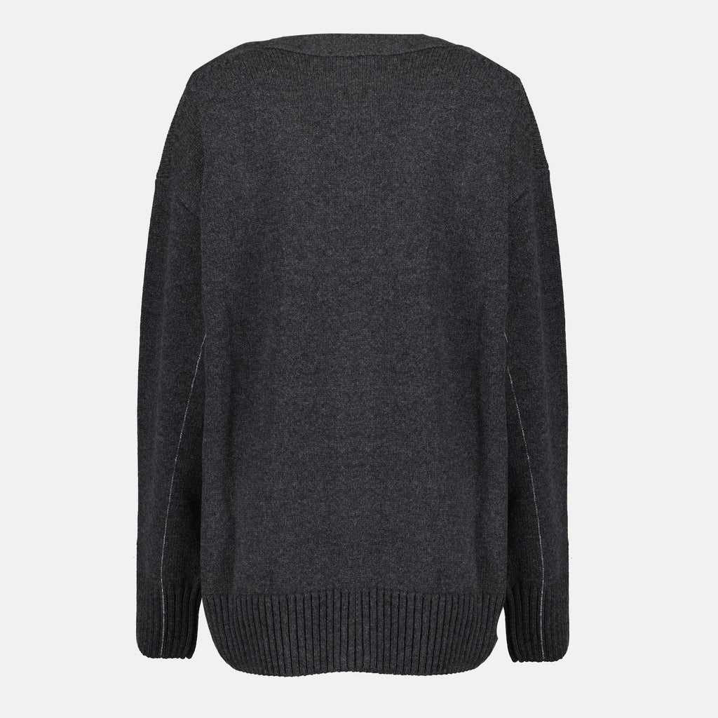 grey cardigan, wool cashmere, V-neck design, long sleeve cardigan, Rabanne