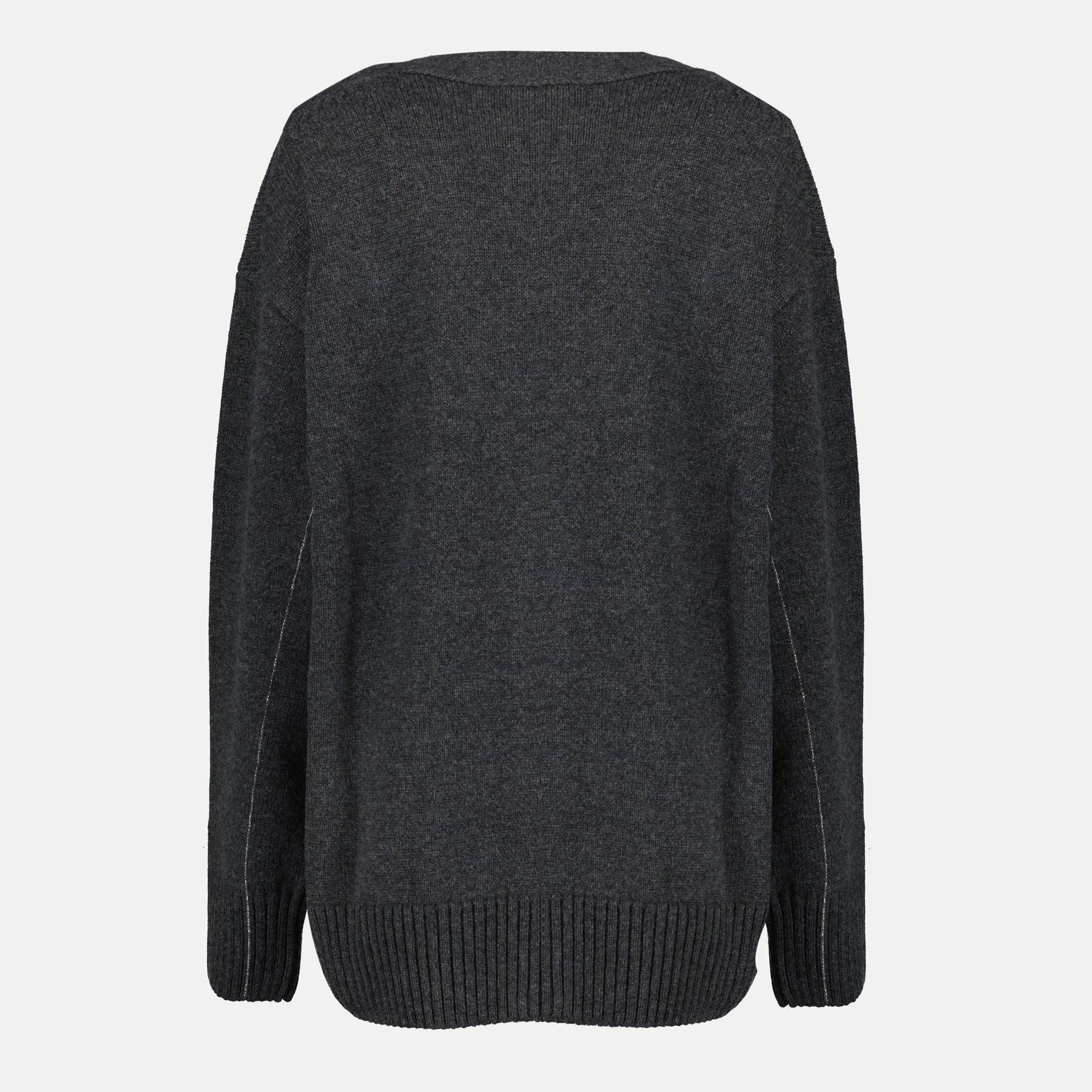 grey cardigan, wool cashmere, V-neck design, long sleeve cardigan, Rabanne