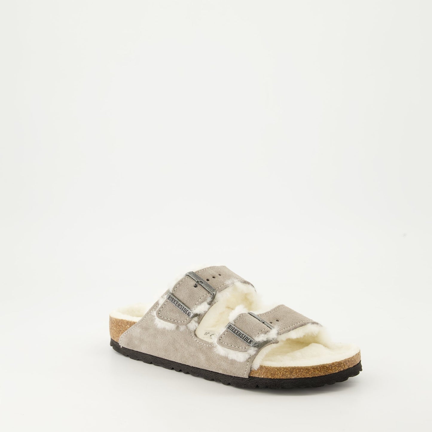 Birkenstock, shearling sandals, suede sandals, grey sandals, luxury footwear