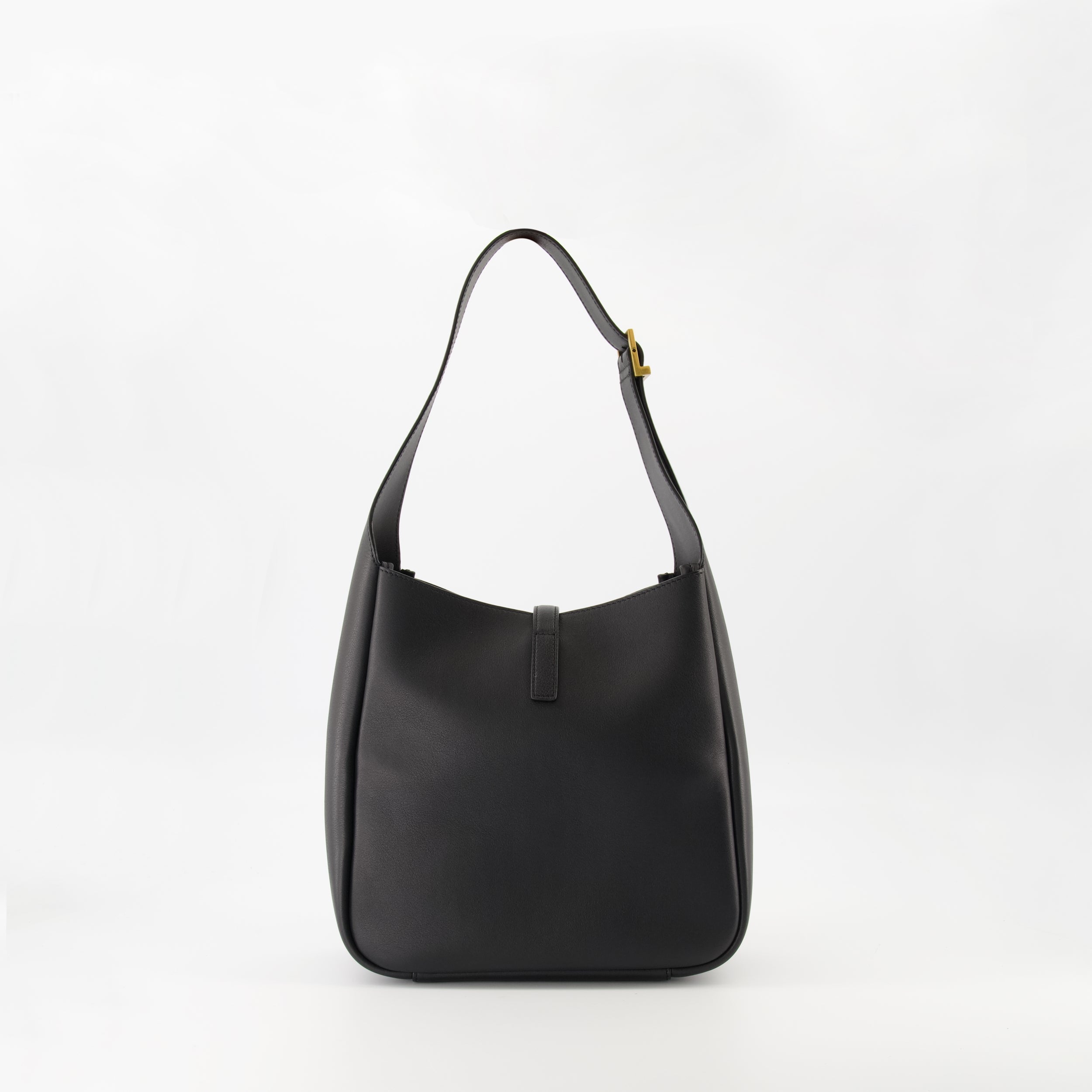 black leather bag, Saint Laurent, grained leather, elegant handbag, adjustable strap