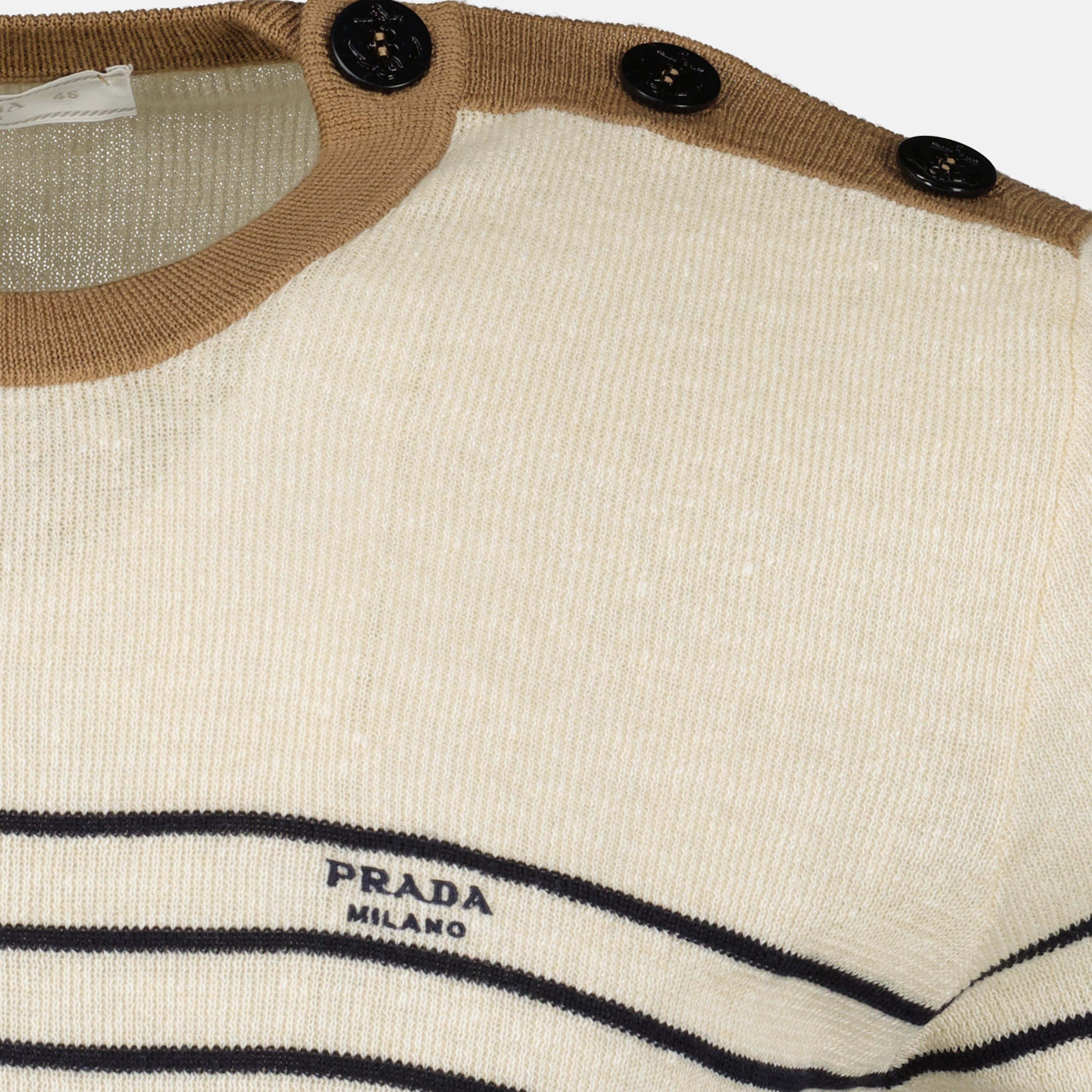 Image of Beige Striped Linen Sweater by Prada for Men - Season Spring-Summer 2026 - Detail View 2