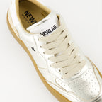 silver sneakers, New Lab shoes, synthetic leather sneakers, luxury sneakers, crantée rubber outsole