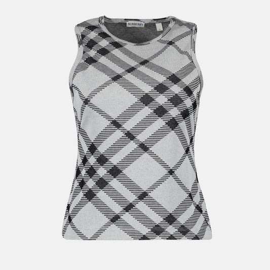 Gray Checkered Tank Top, Burberry Spring-Summer 2024, Luxury Women's Top, Vintage Checkered Tank, High-End Designer Wear