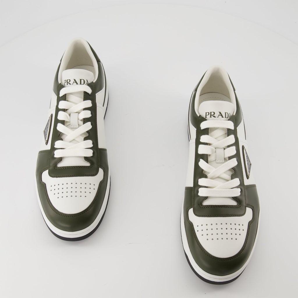 Prada sneakers, Downtown model, calf leather shoes, khaki and white sneakers, men's footwear