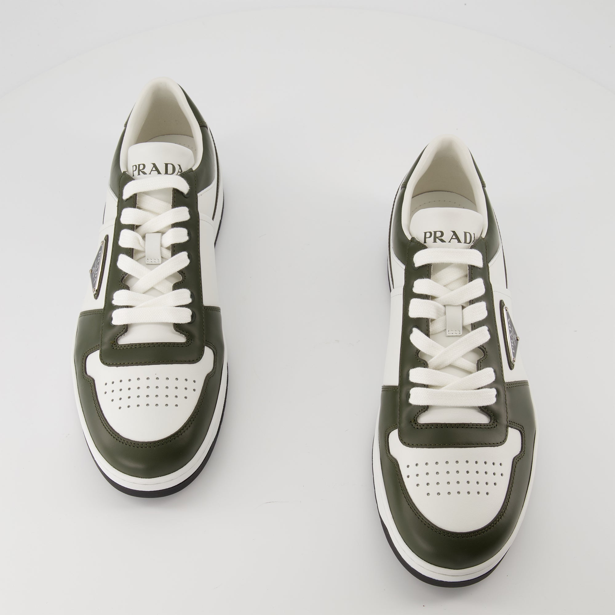 Prada sneakers, Downtown model, calf leather shoes, khaki and white sneakers, men's footwear