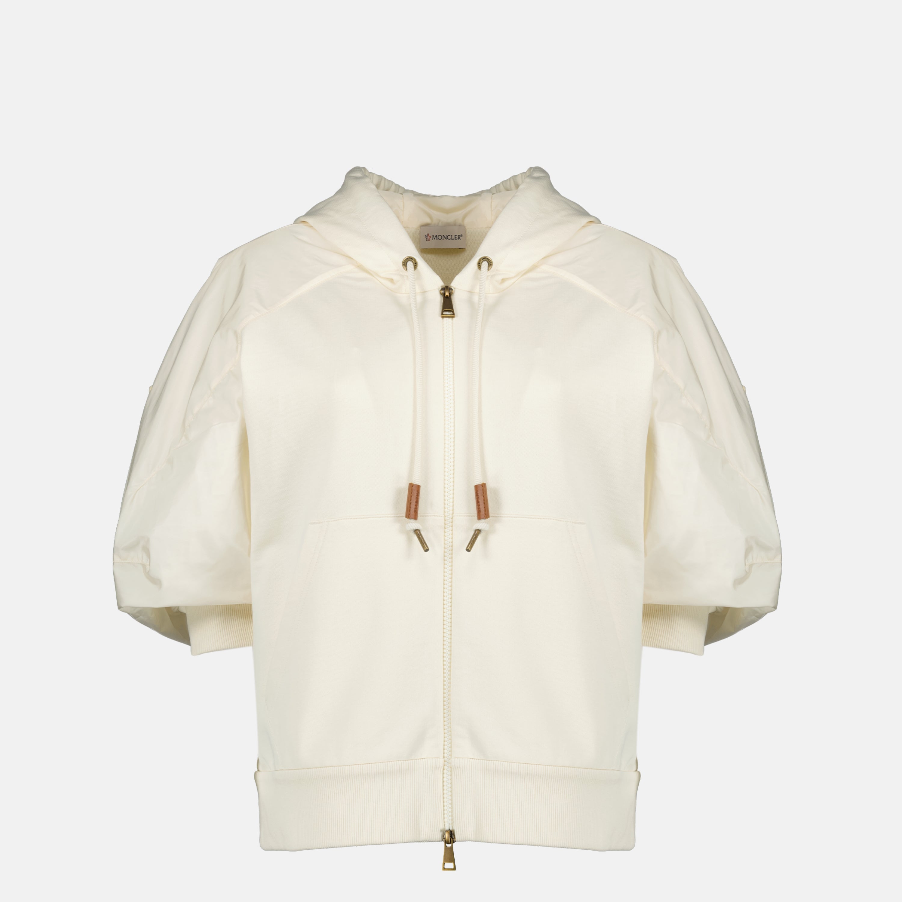 Image of Zipped Short Sleeve Beige Jacket by Moncler for Women - Season Spring-Summer 2026 - Front View