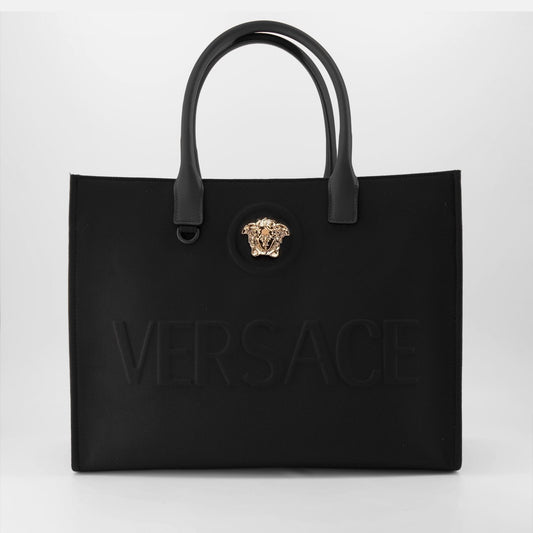 Versace tote, luxury canvas bag, black tote, high-end accessories, Medusa emblem