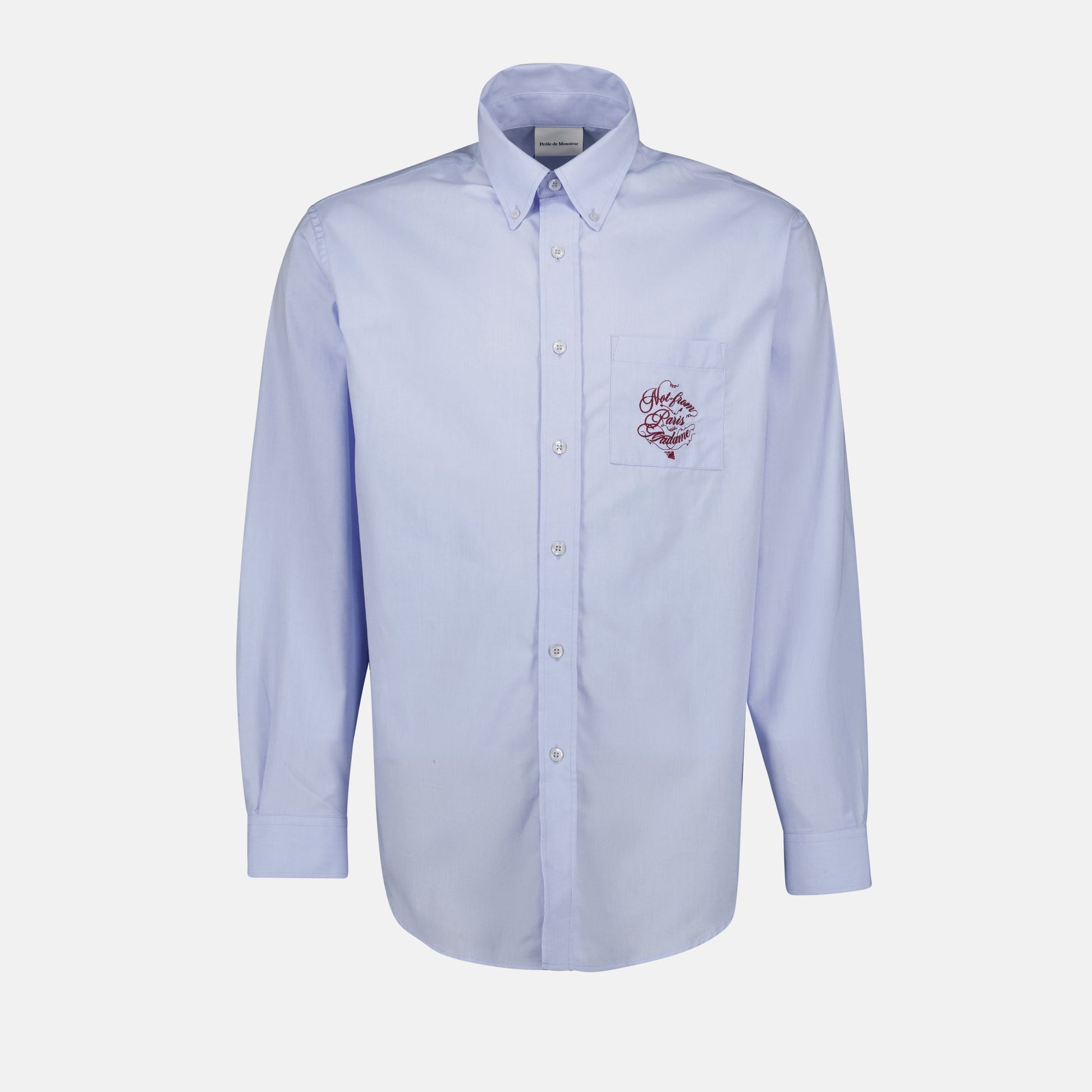 Slogan shirt, blue cotton shirt, classic design shirt, Drôle de Monsieur shirt, button-up shirt