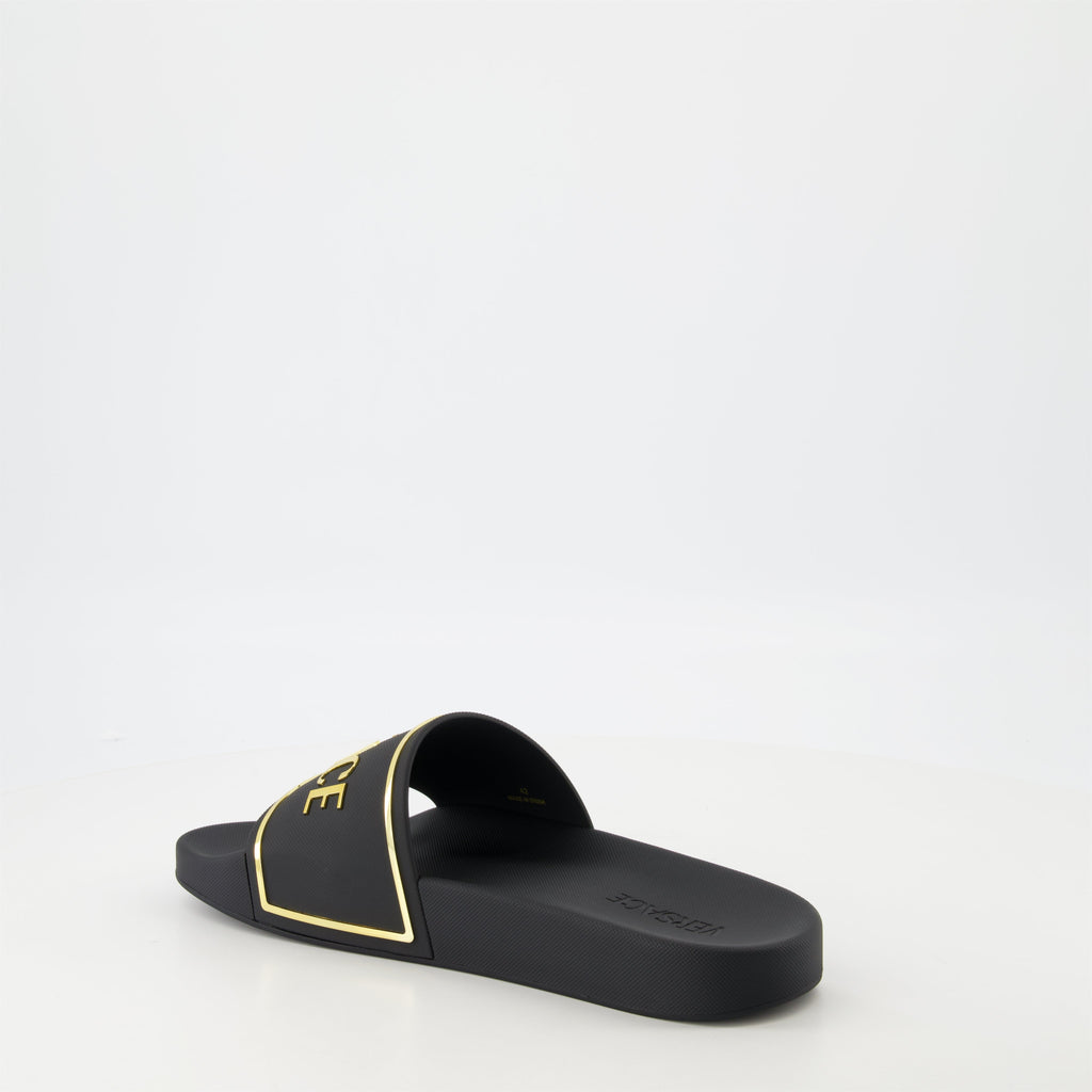 gold logo slides, Versace slides, comfortable rubber footwear, contemporary slides, stylish casual footwear