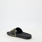 gold logo slides, Versace slides, comfortable rubber footwear, contemporary slides, stylish casual footwear