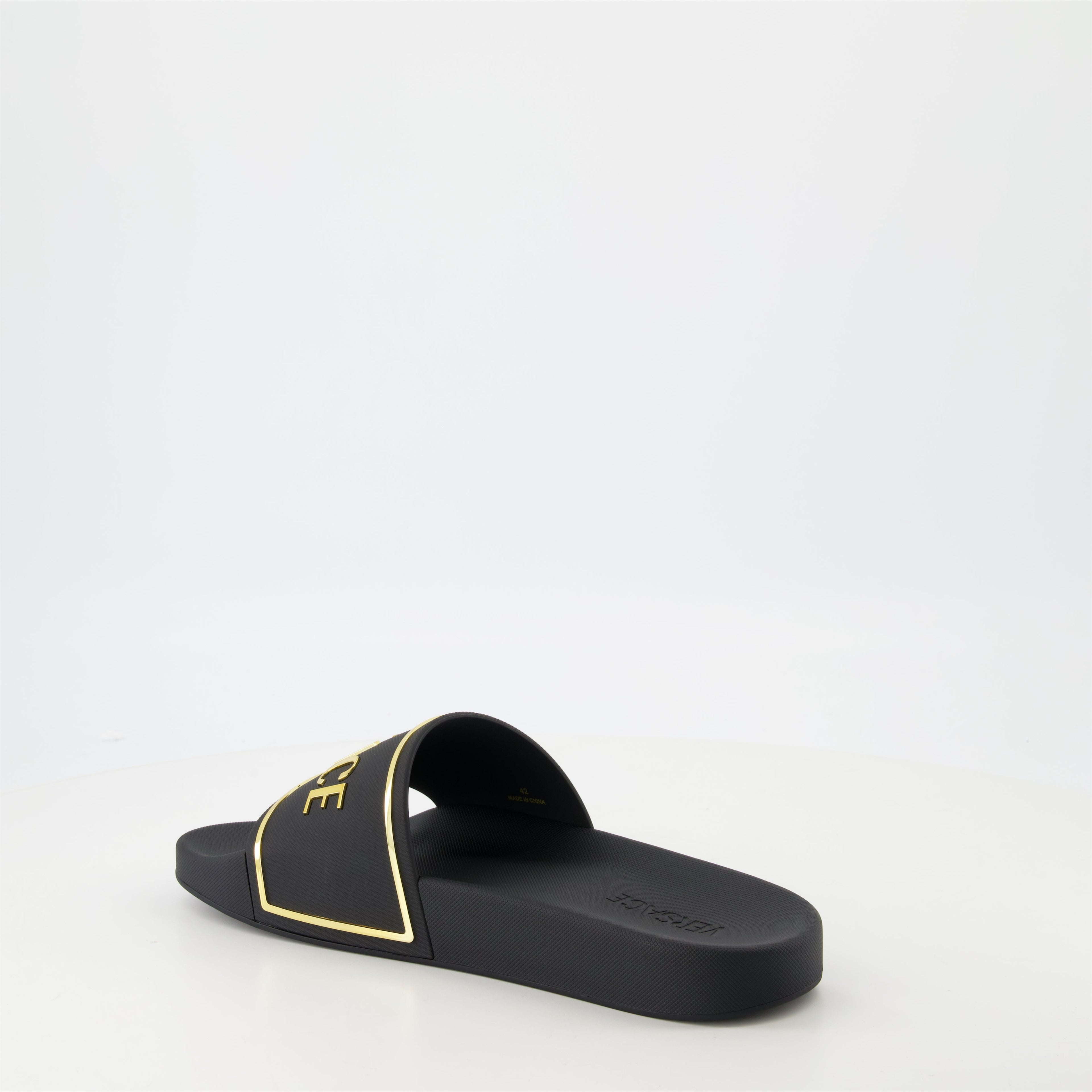 gold logo slides, Versace slides, comfortable rubber footwear, contemporary slides, stylish casual footwear