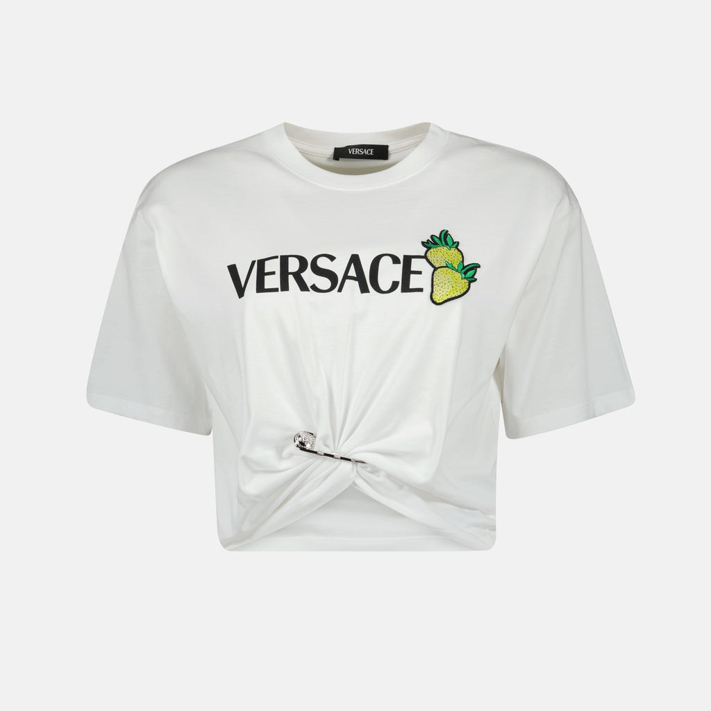 crop T-shirt, strawberry print, cotton top, pleated effect, contemporary style