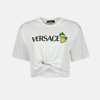 crop T-shirt, strawberry print, cotton top, pleated effect, contemporary style