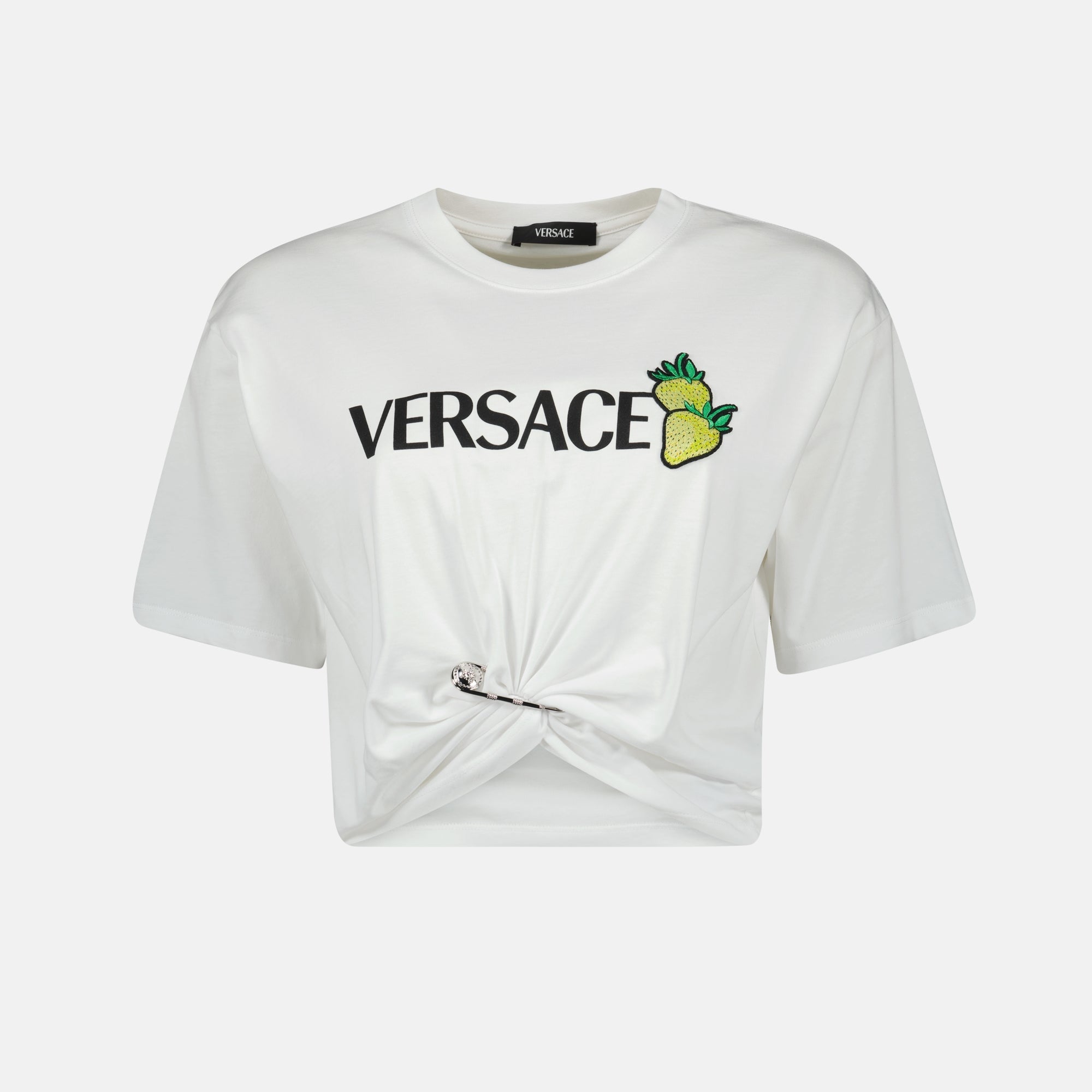 crop T-shirt, strawberry print, cotton top, pleated effect, contemporary style