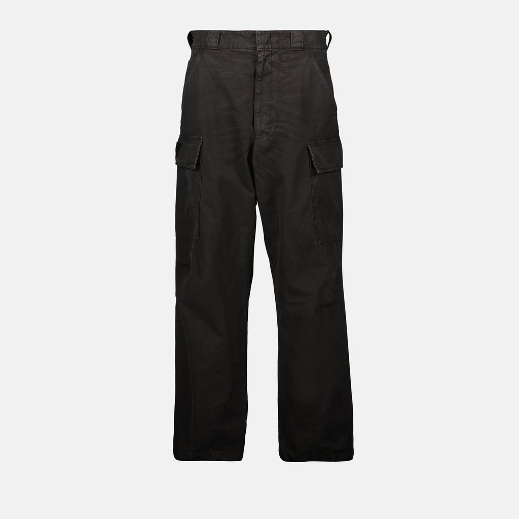 Image of Black Distressed Cargo Pants by Prada for Men - Season Spring-Summer 2025 - Front View