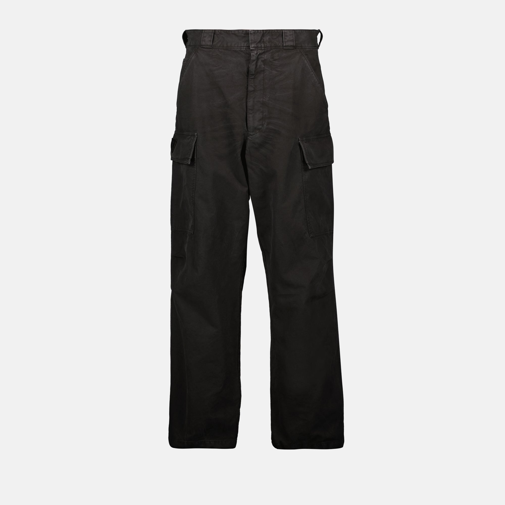 Image of Black Distressed Cargo Pants by Prada for Men - Season Spring-Summer 2025 - Front View