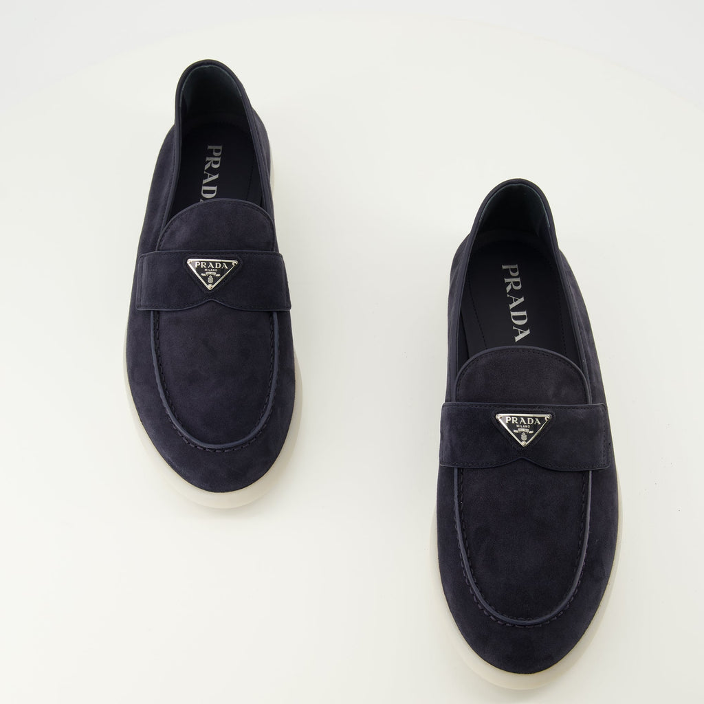 Prada loafers, navy blue suede shoes, slip-on footwear, triangle logo, men's designer shoes