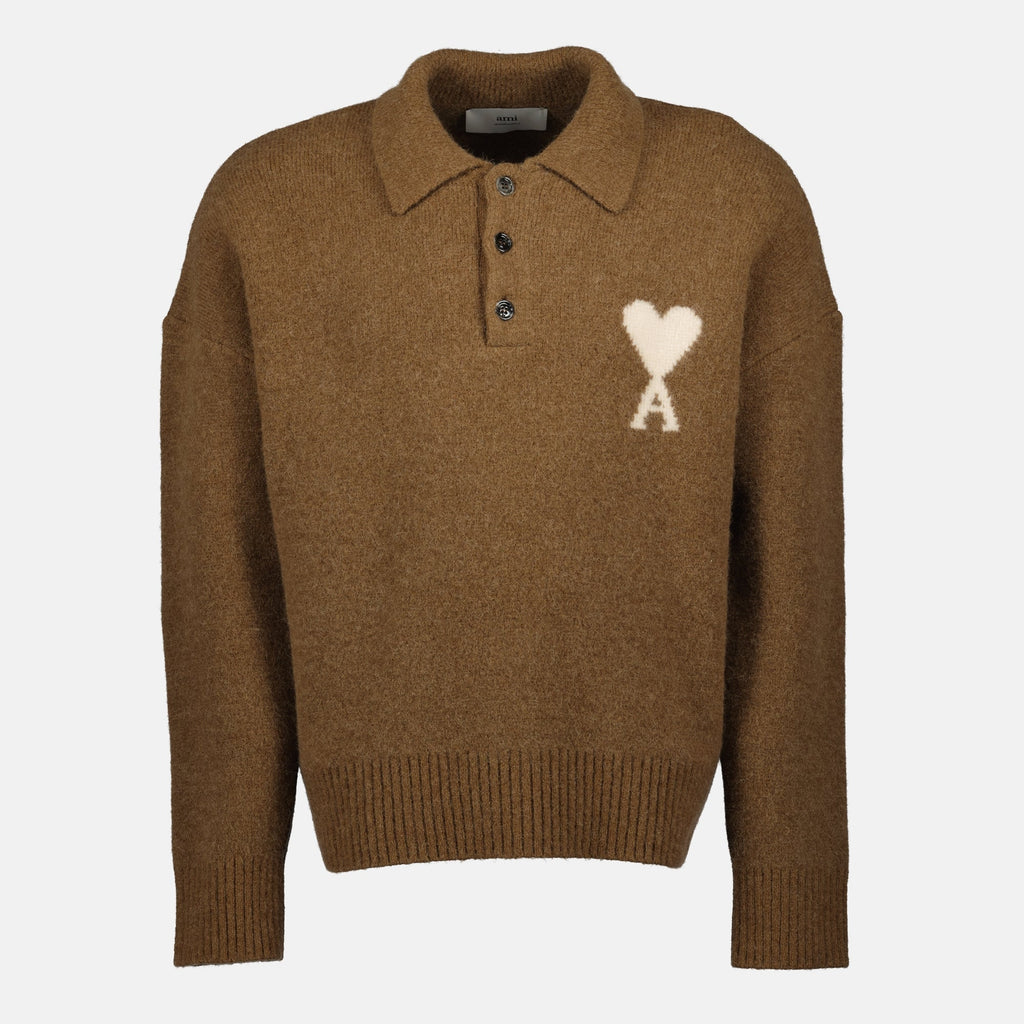 AMI Paris polo, brown alpaca polo, long sleeve polo, versatile sweater, unisex fashion piece