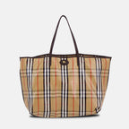 Highlands Check Tote, Burberry bag, cotton and linen tote, leather accents bag, elegant tote bag