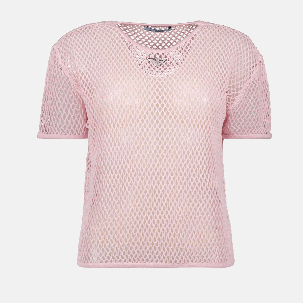 pink cotton top, mesh top, contemporary fashion, short sleeves top, triangle logo top