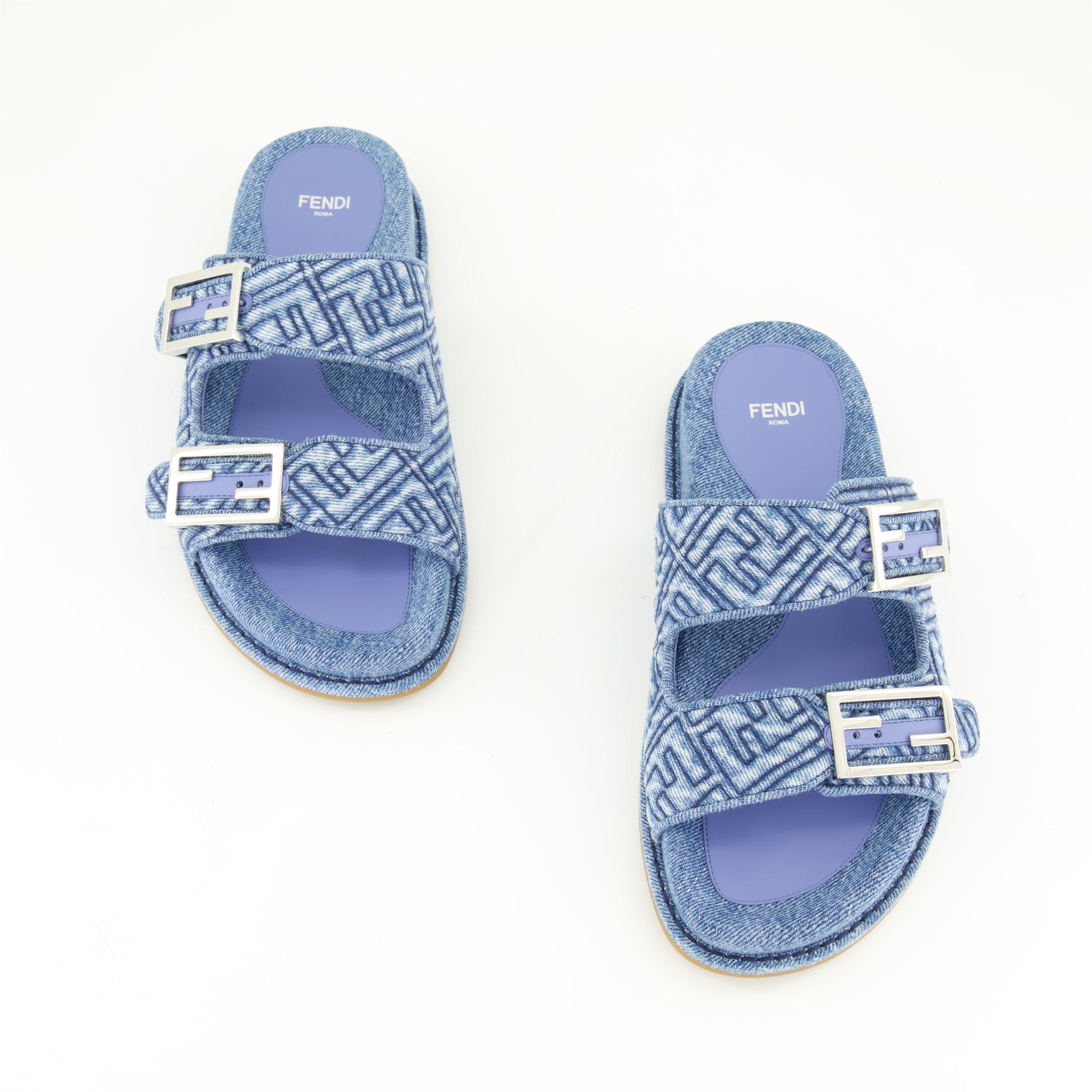 Fendi denim sandals, adjustable straps, FF motif, designer footwear, Spring-Summer 2024