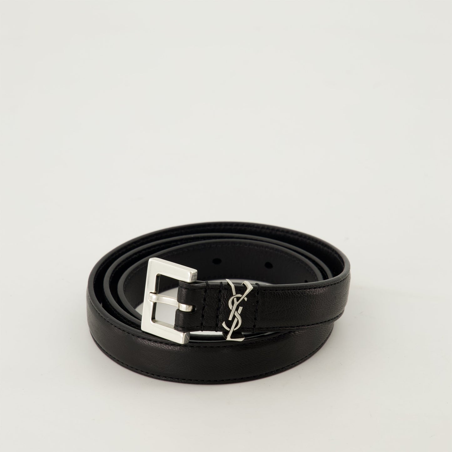 Cassandre belt, black leather belt, YSL buckle, adjustable belt, Saint Laurent accessory