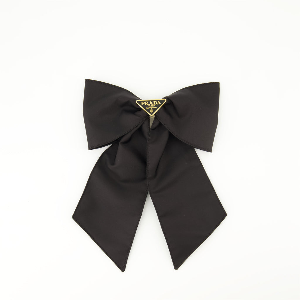 Prada barrette, Re-Nylon accessory, bow hair clip, sustainable fashion, black hair accessory