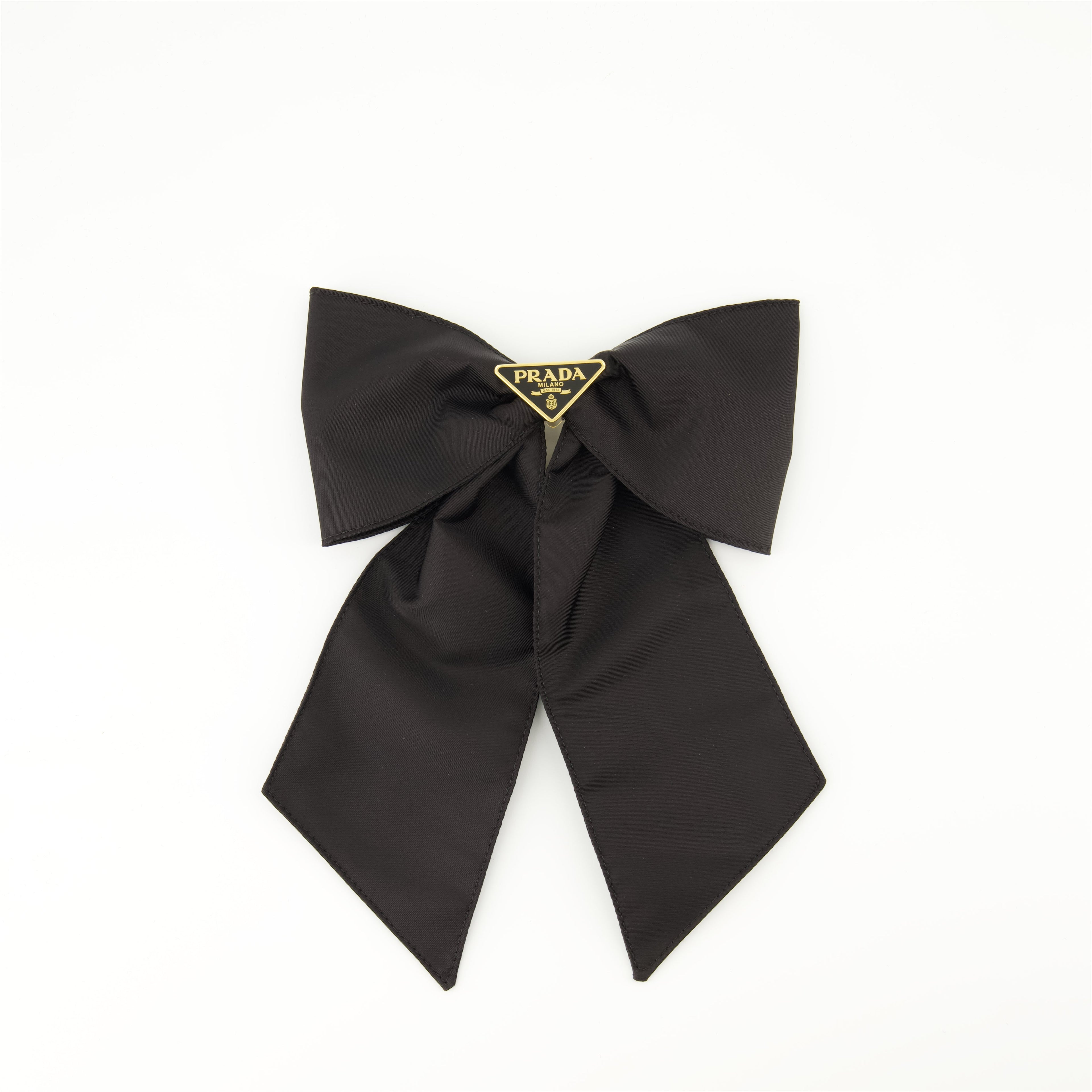 Prada barrette, Re-Nylon accessory, bow hair clip, sustainable fashion, black hair accessory