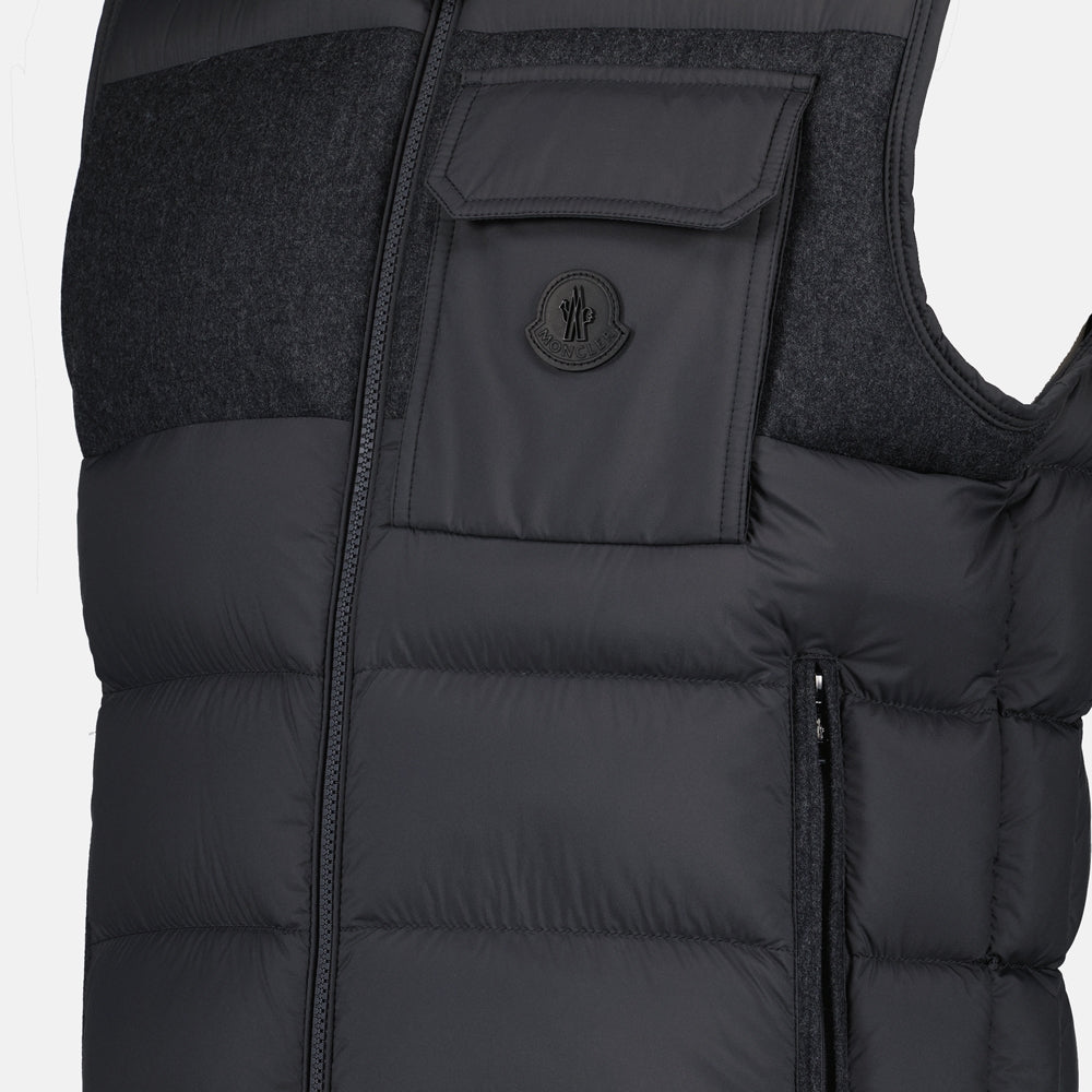 sleeveless puffer jacket, gray jacket, Moncler Estagnour, nylon wool blend, luxury outerwear