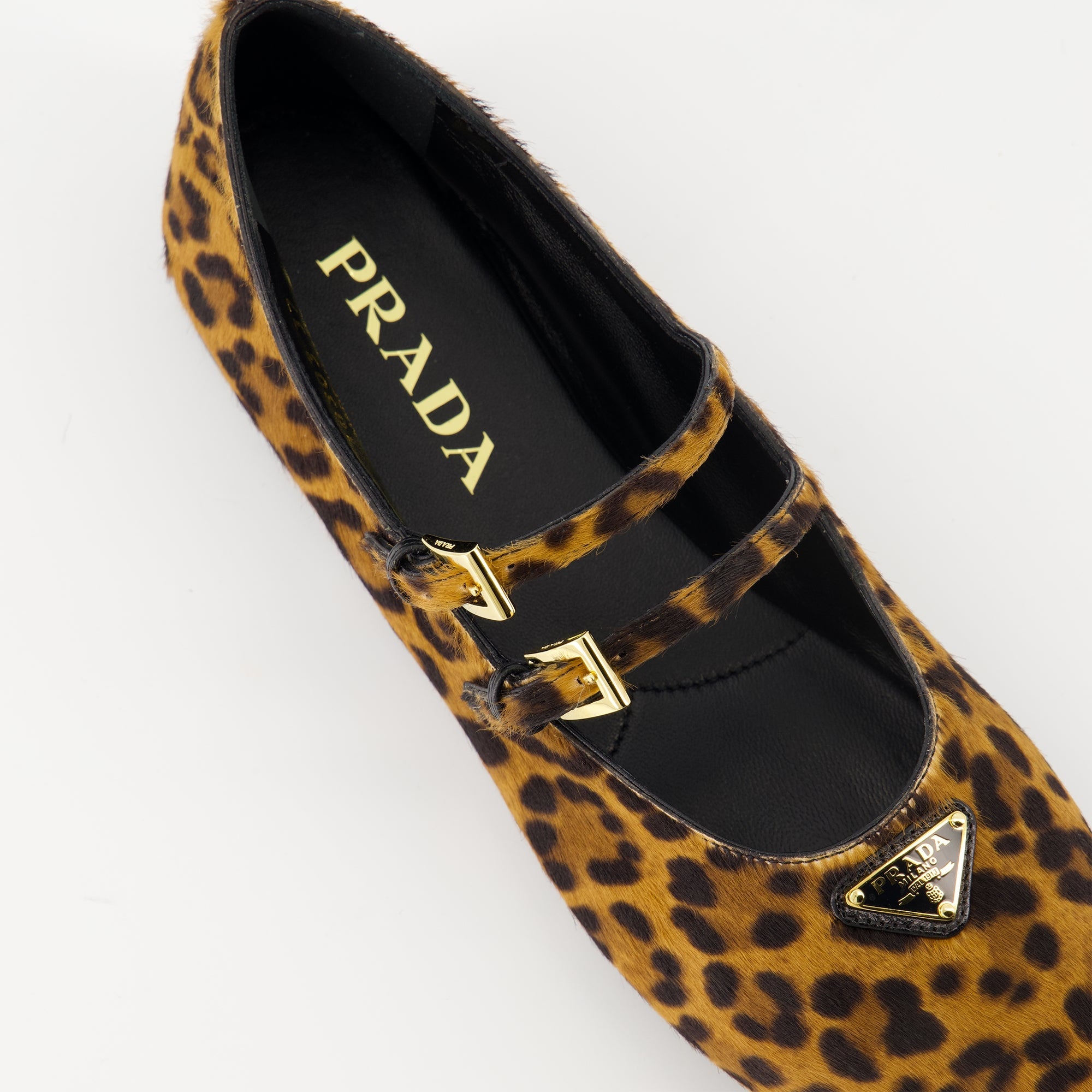 Prada ballerinas, leopard print shoes, calf leather flats, designer footwear, adjustable strap ballerinas