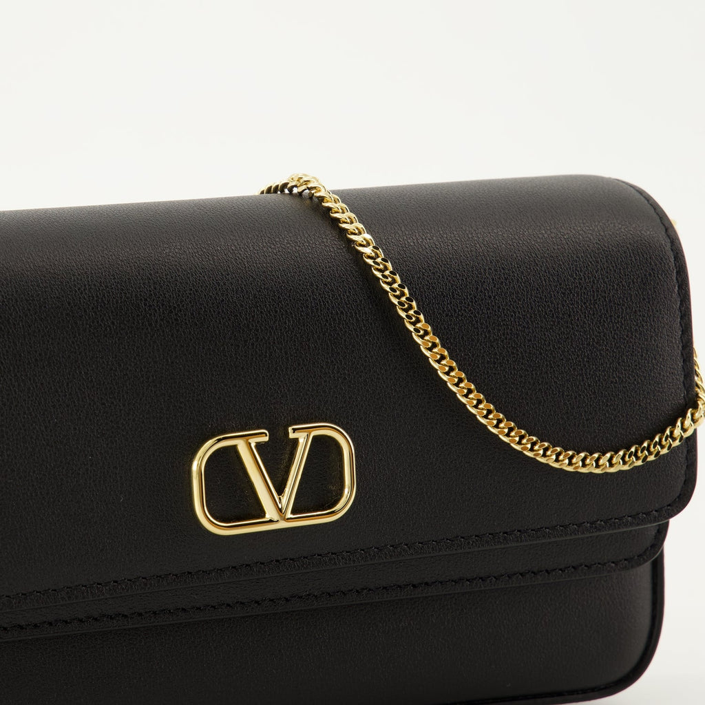Black leather bag, Mini shoulder bag, Valentino handbag, Chain strap purse, Gold-tone details