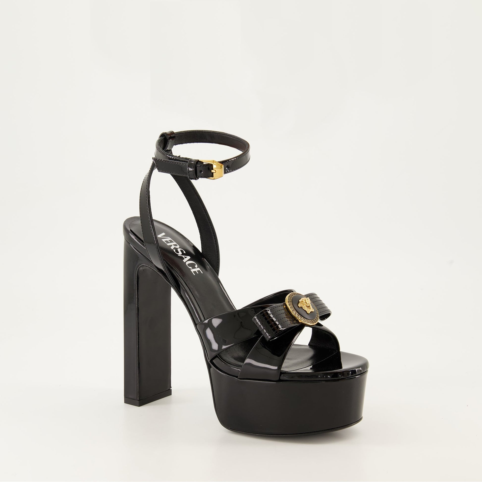 Gianni Ribbon heels, patent leather sandals, platform sandals, black open-toe heels, luxury footwear