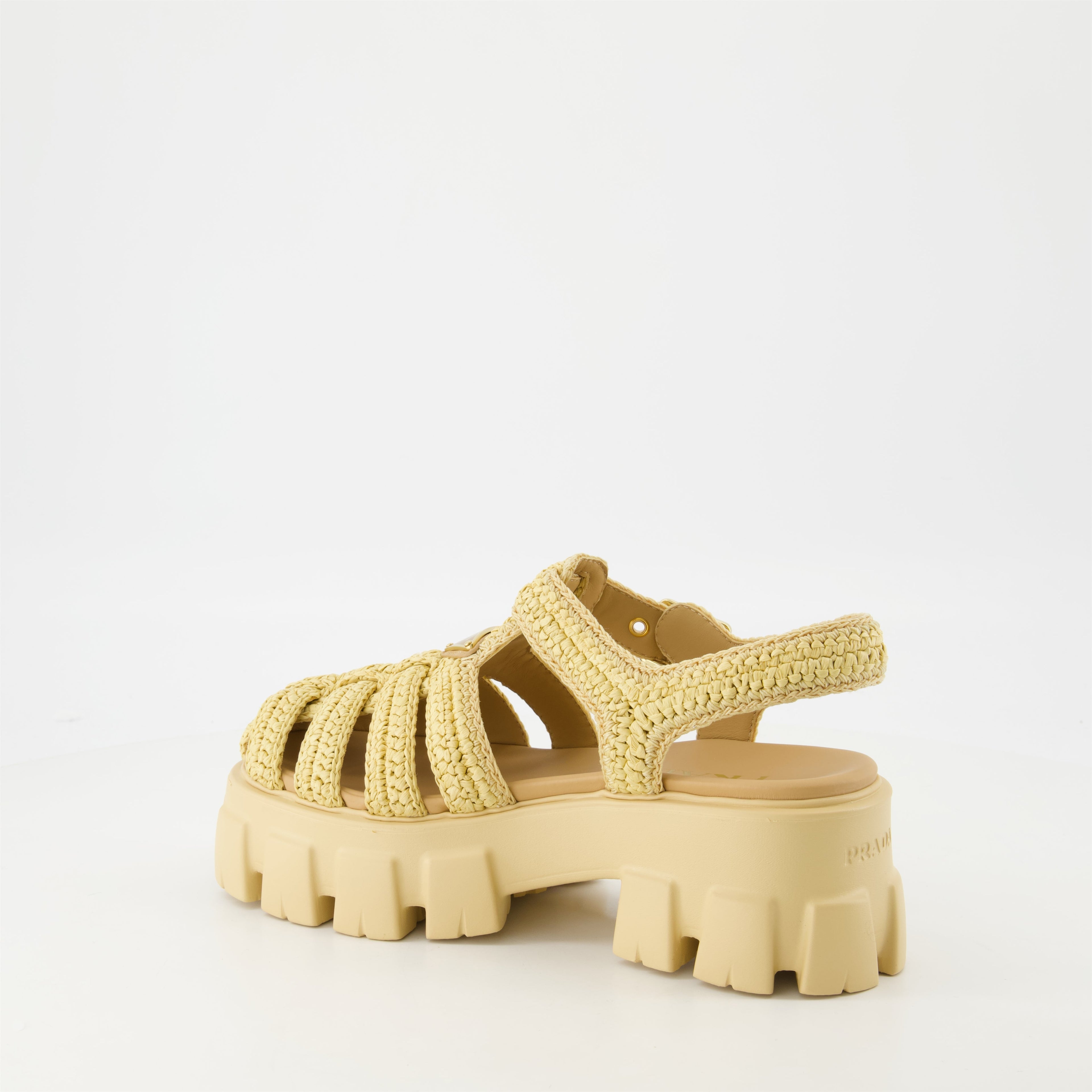 Beige raphia sandals, Monolith sandals, summer footwear, Prada sandals, adjustable ankle strap sandals