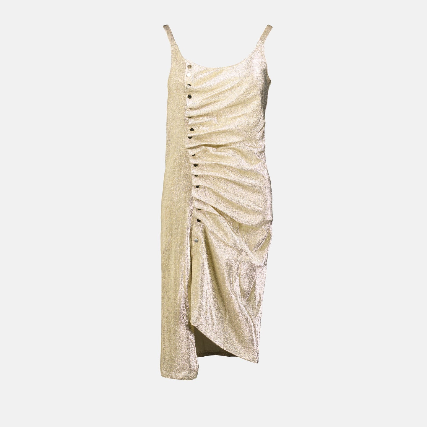 draped gold dress, lurex fashion, Rabanne collection, fall-winter style, elegant women's clothing