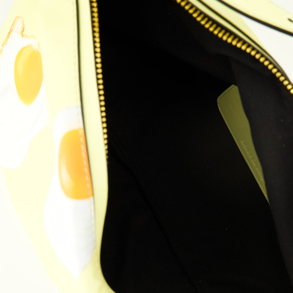 hobo bag, Moschino accessories, egg print bag, yellow leather bag, stylish handbags