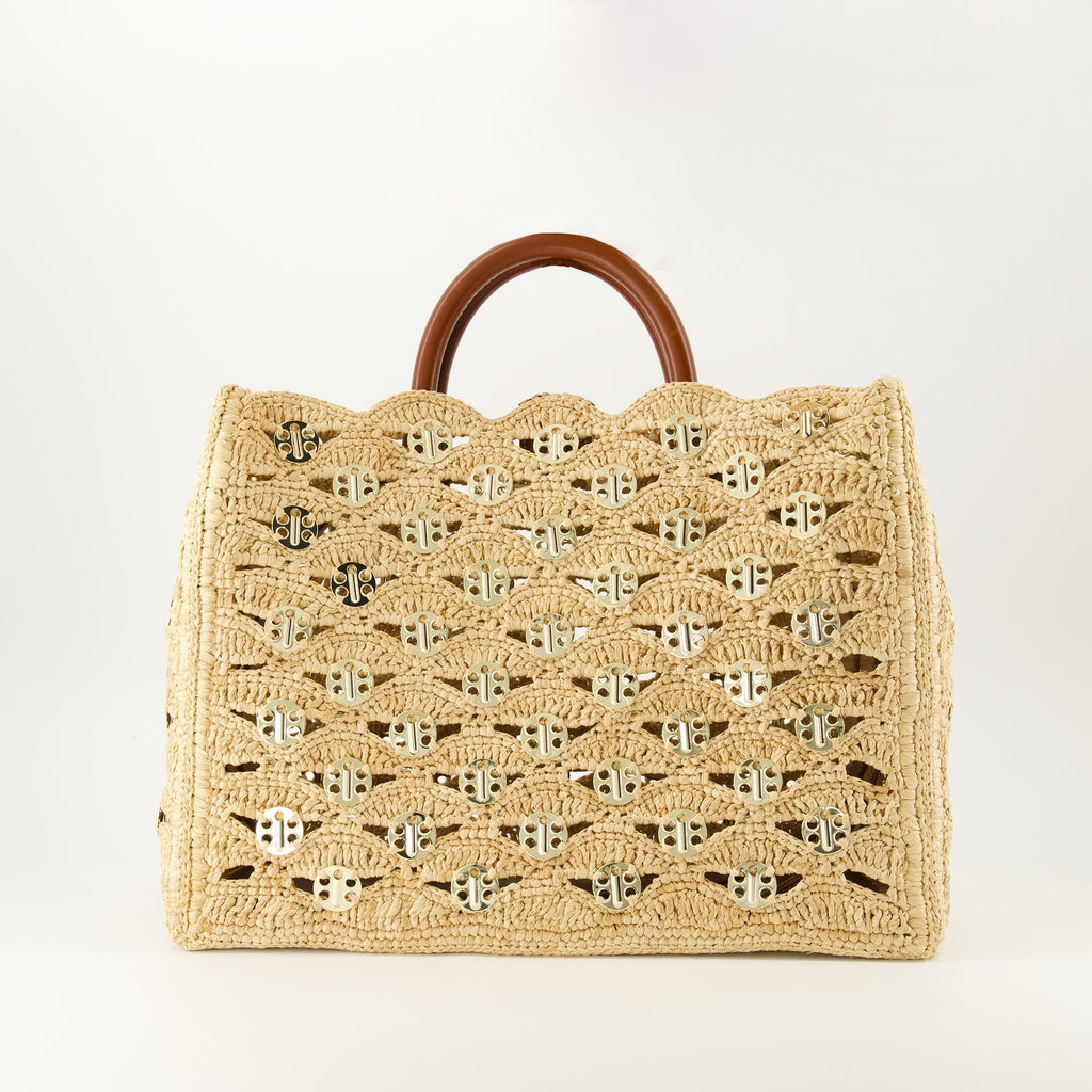 tote bag, raffia bag, Disc-Link, fashion accessories, Rabanne