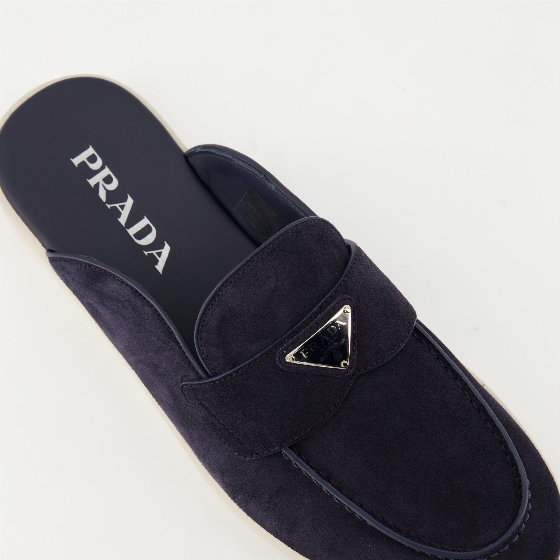 blue suede mules, Prada footwear, men's mules, designer slip-ons, luxury mules