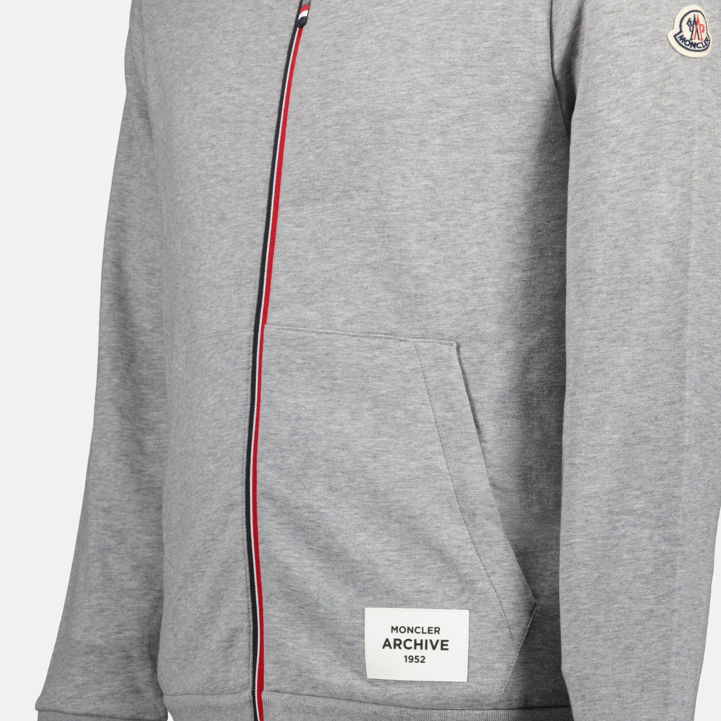 zip-up hoodie, tricolor detail, gray hoodie, high-end fashion, cotton hoodie