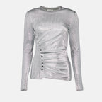Imagen del top drapeado plateado en Lurex de Rabanne para mujeres - Temporada Otoño-Invierno 2024 - Vista frontal