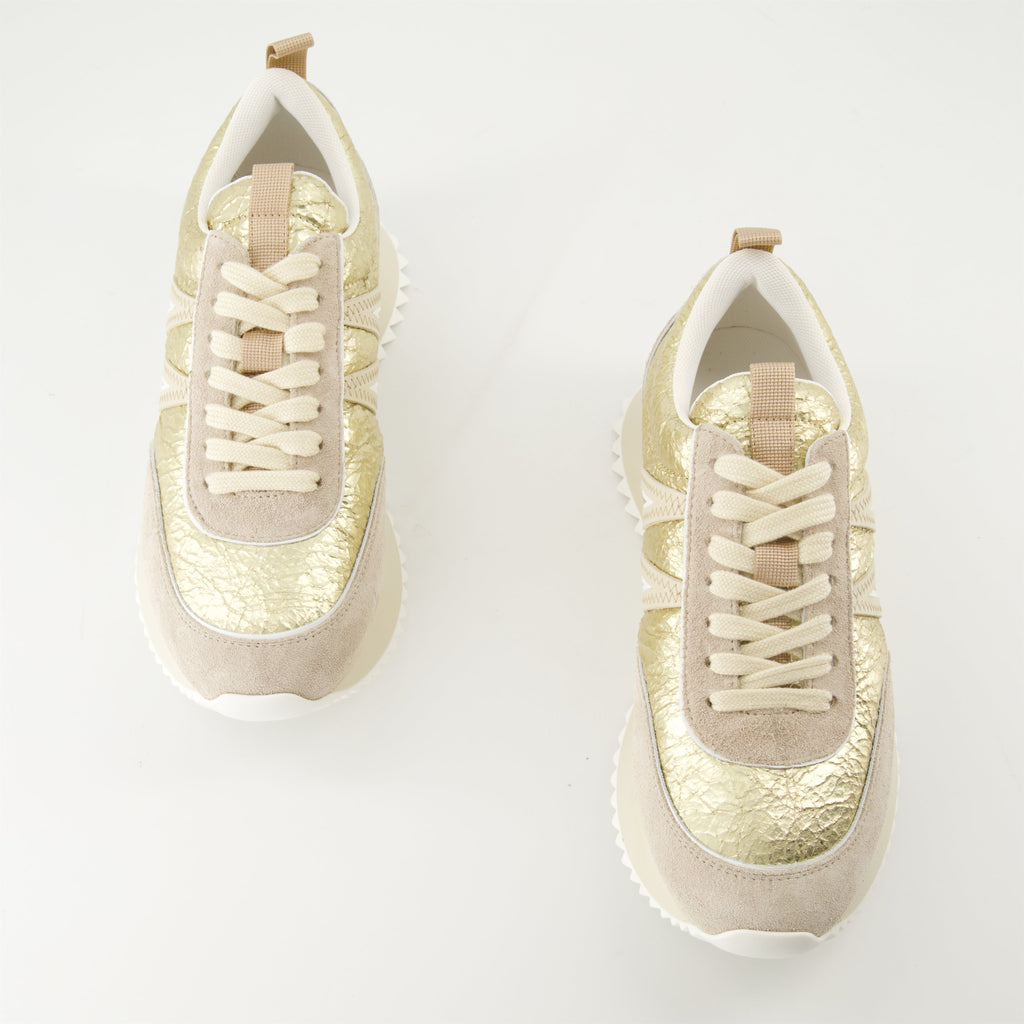 Pacey leather sneakers, Moncler footwear, metallic gold sneakers, women's fashion shoes, casual leather sneakers