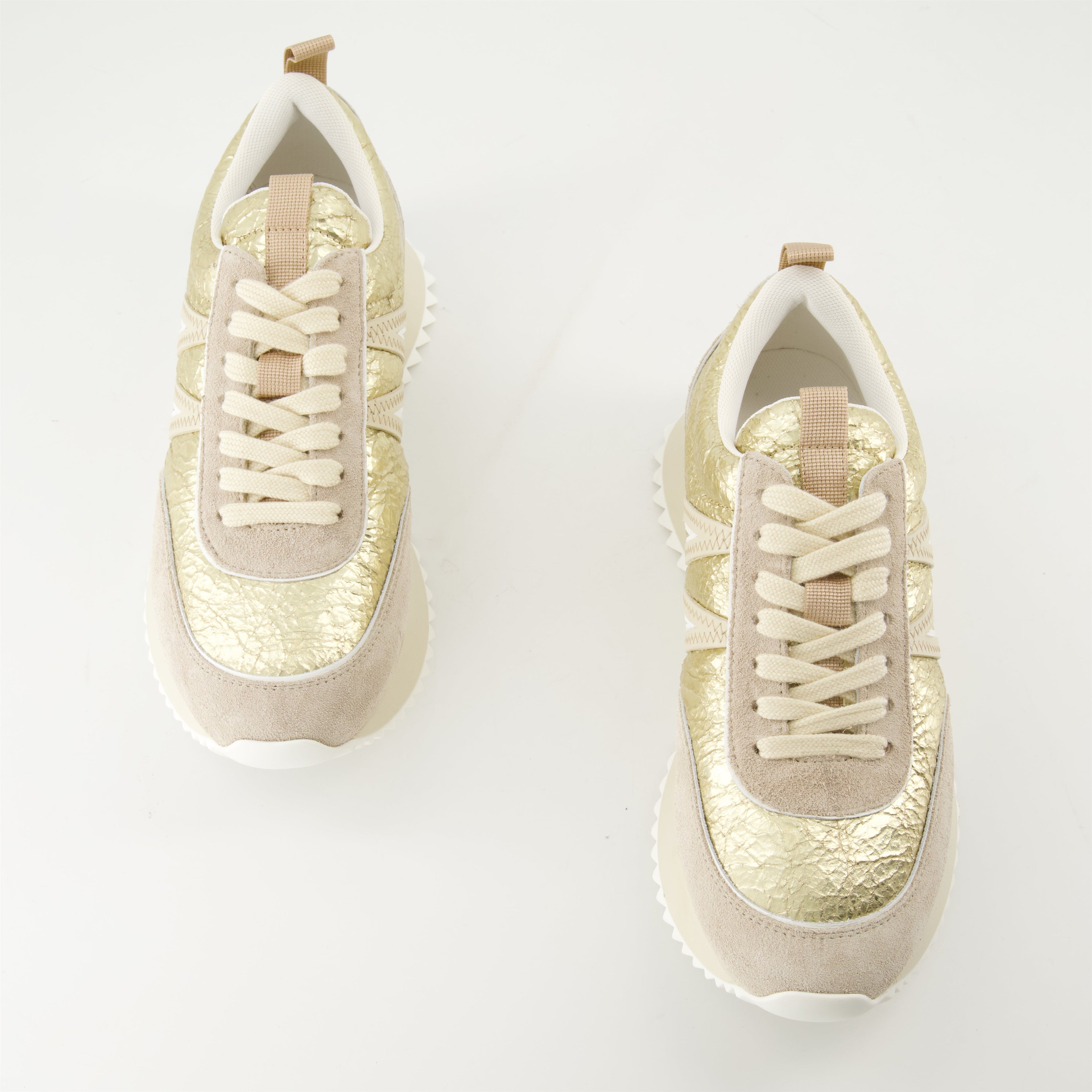 Pacey leather sneakers, Moncler footwear, metallic gold sneakers, women's fashion shoes, casual leather sneakers
