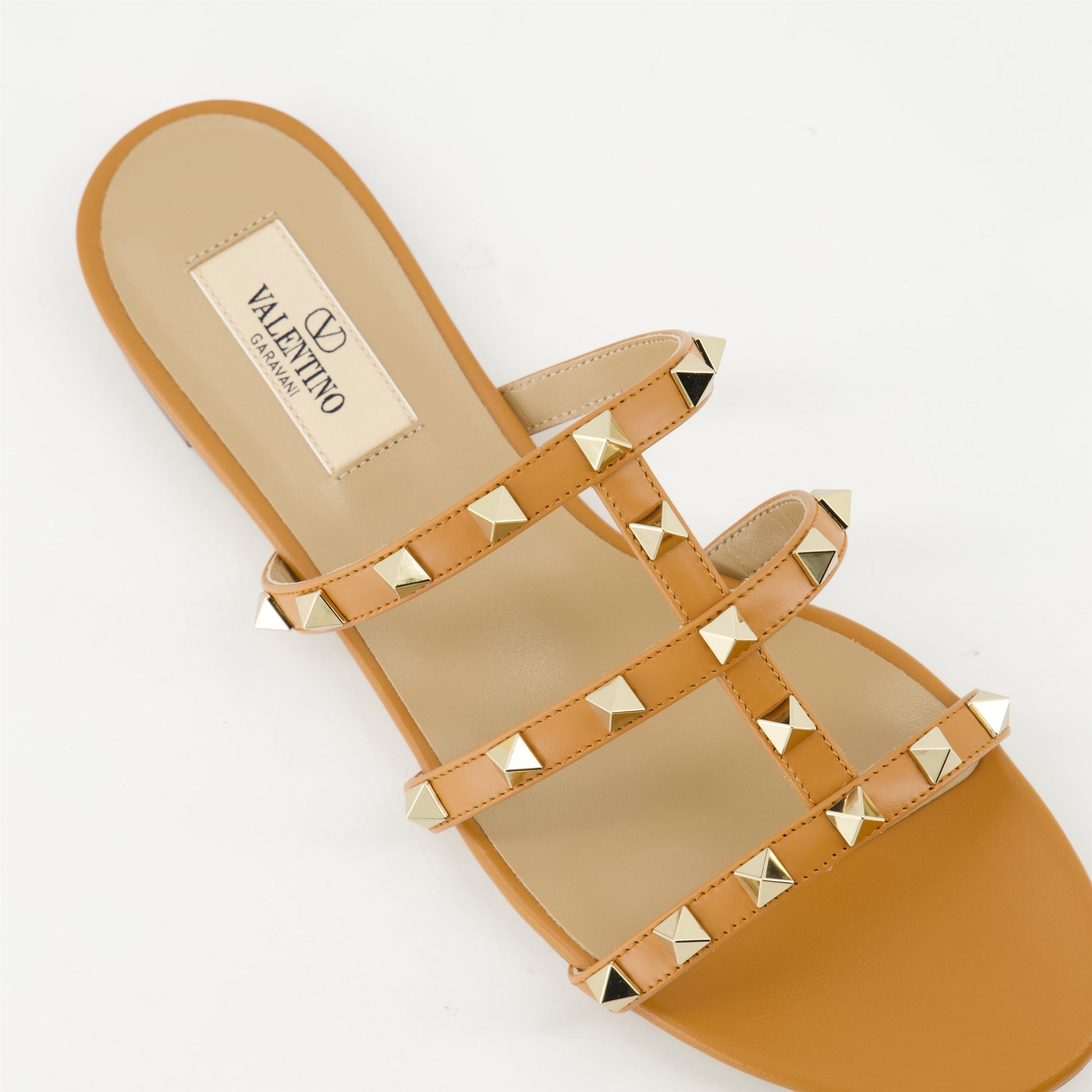 Valentino sandals, Camel leather sandals, Rockstud shoes, Platinum studded sandals, Open-toe leather footwear