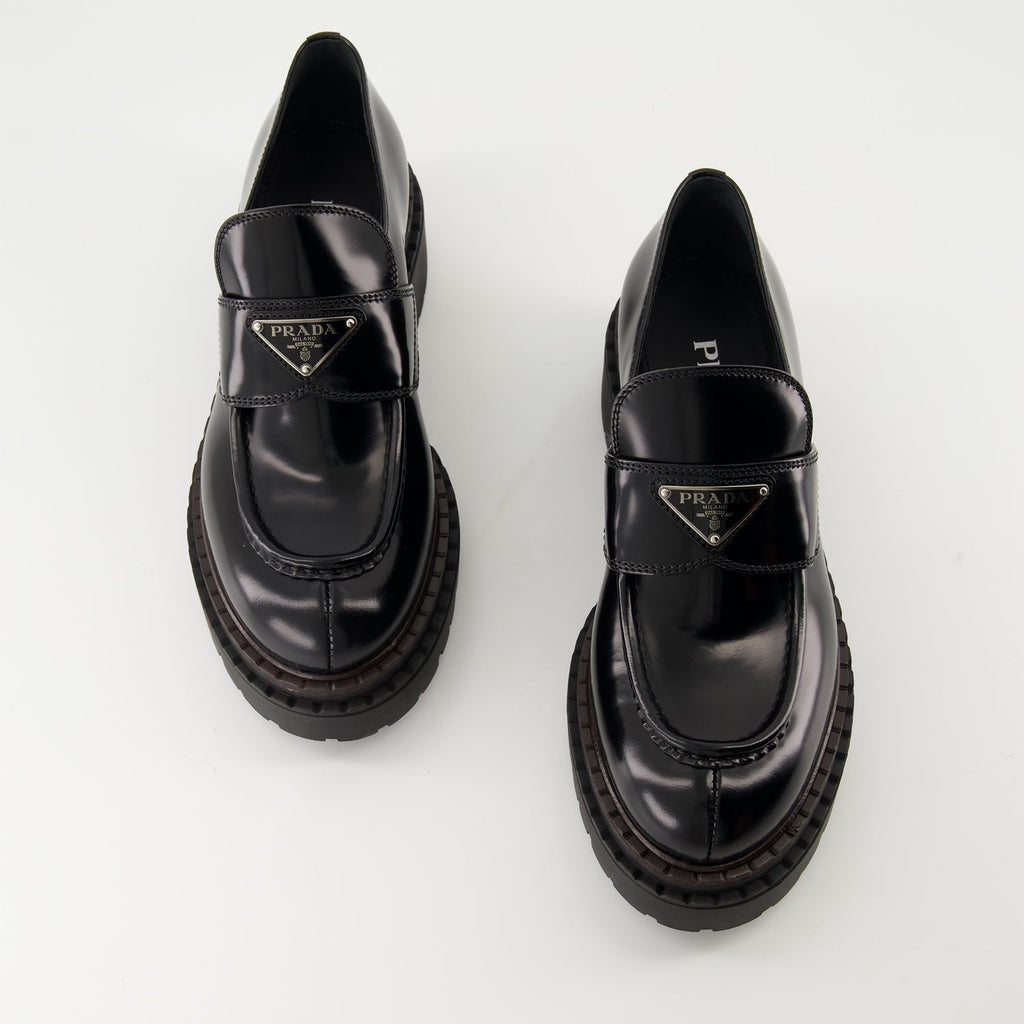   Prada moccasins, black leather shoes, Autumn-Winter 2024, luxury footwear, brushed leather moccasins  
