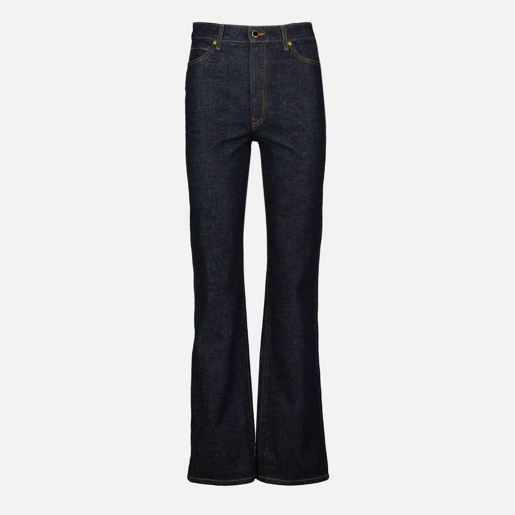 Khaite jeans, flare jeans, high-rise denim, deep blue jeans, five-pocket design