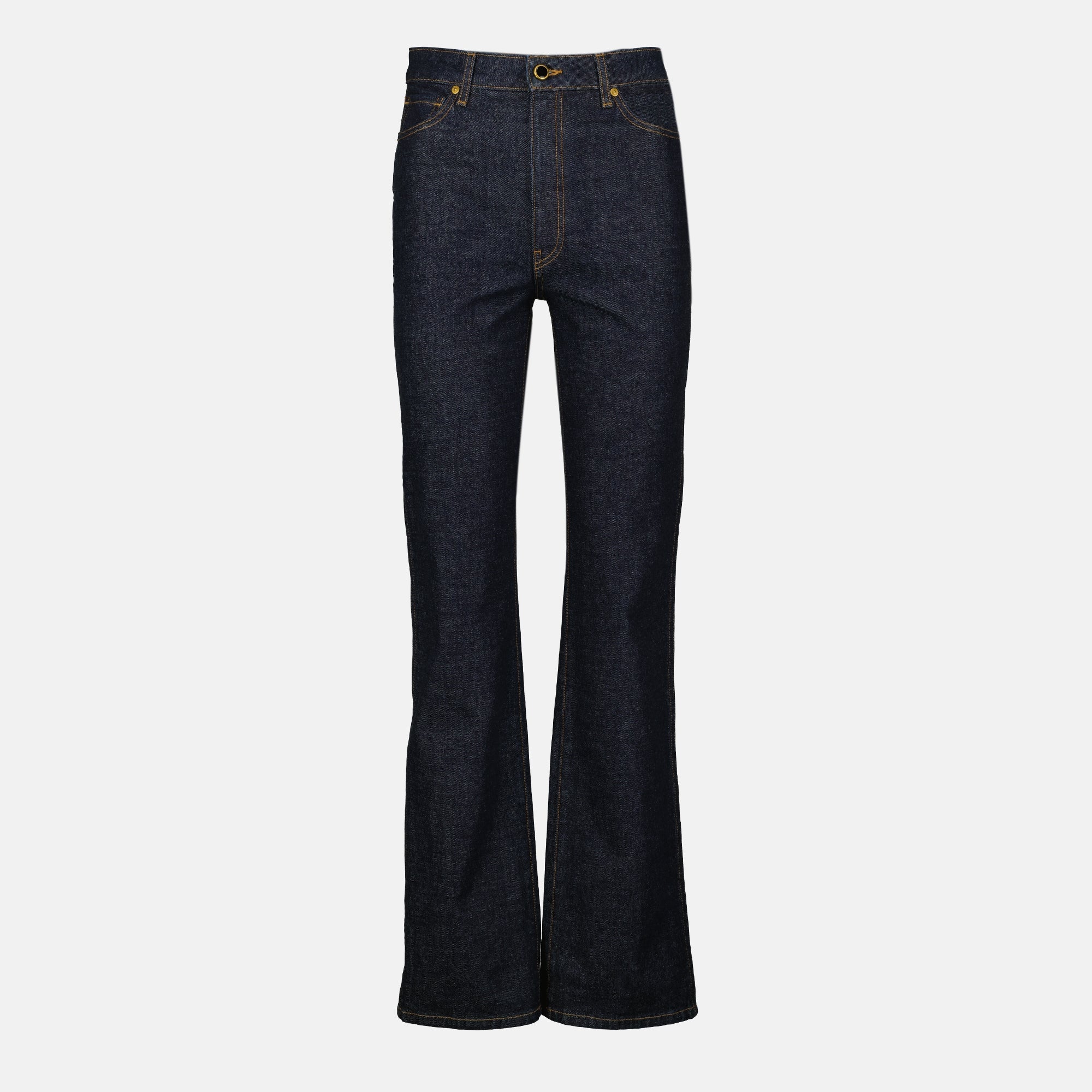 Khaite jeans, flare jeans, high-rise denim, deep blue jeans, five-pocket design