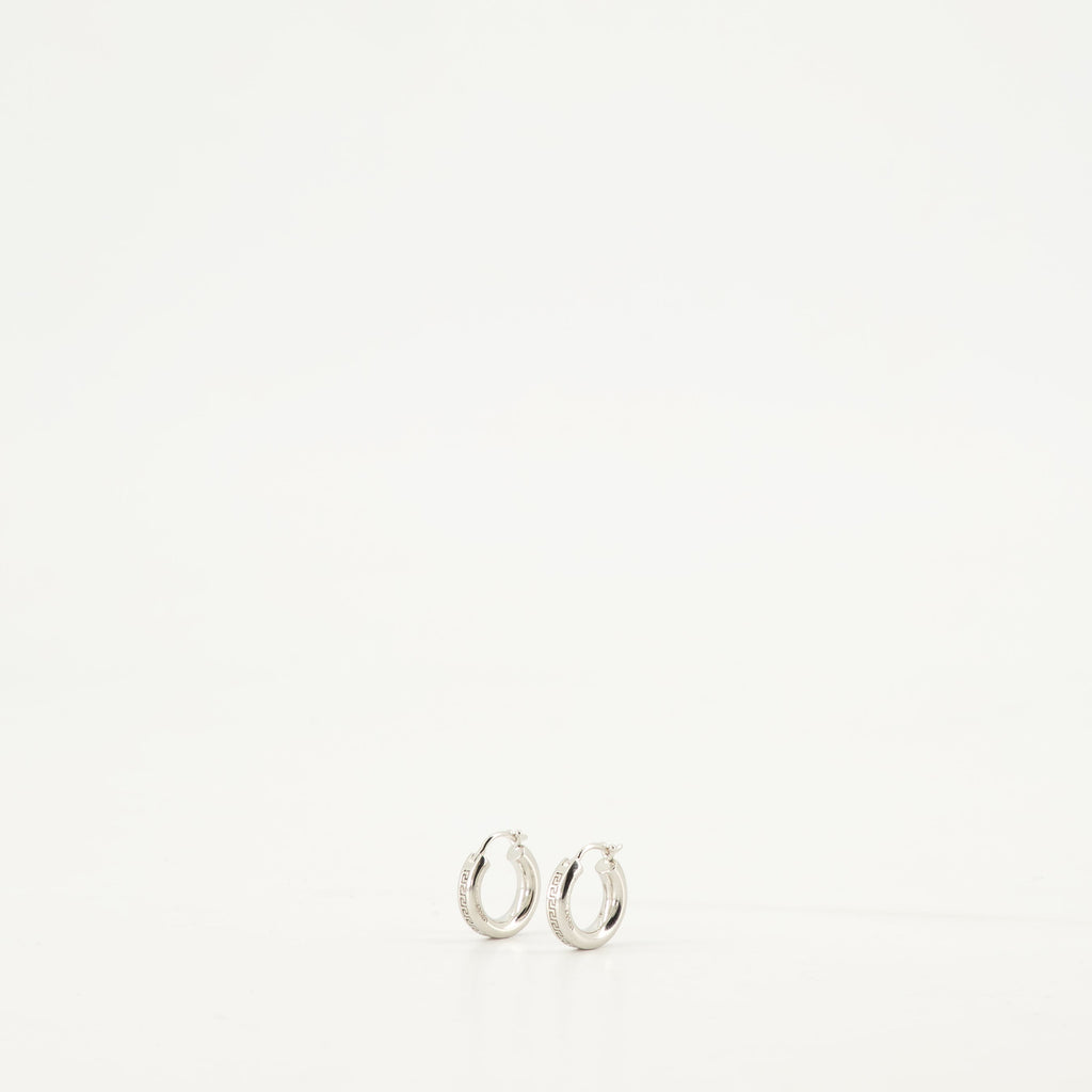 Silver Hoop Earrings, Greca Design, Engraved Logo, Hypoallergenic Jewelry, Versace Accessories