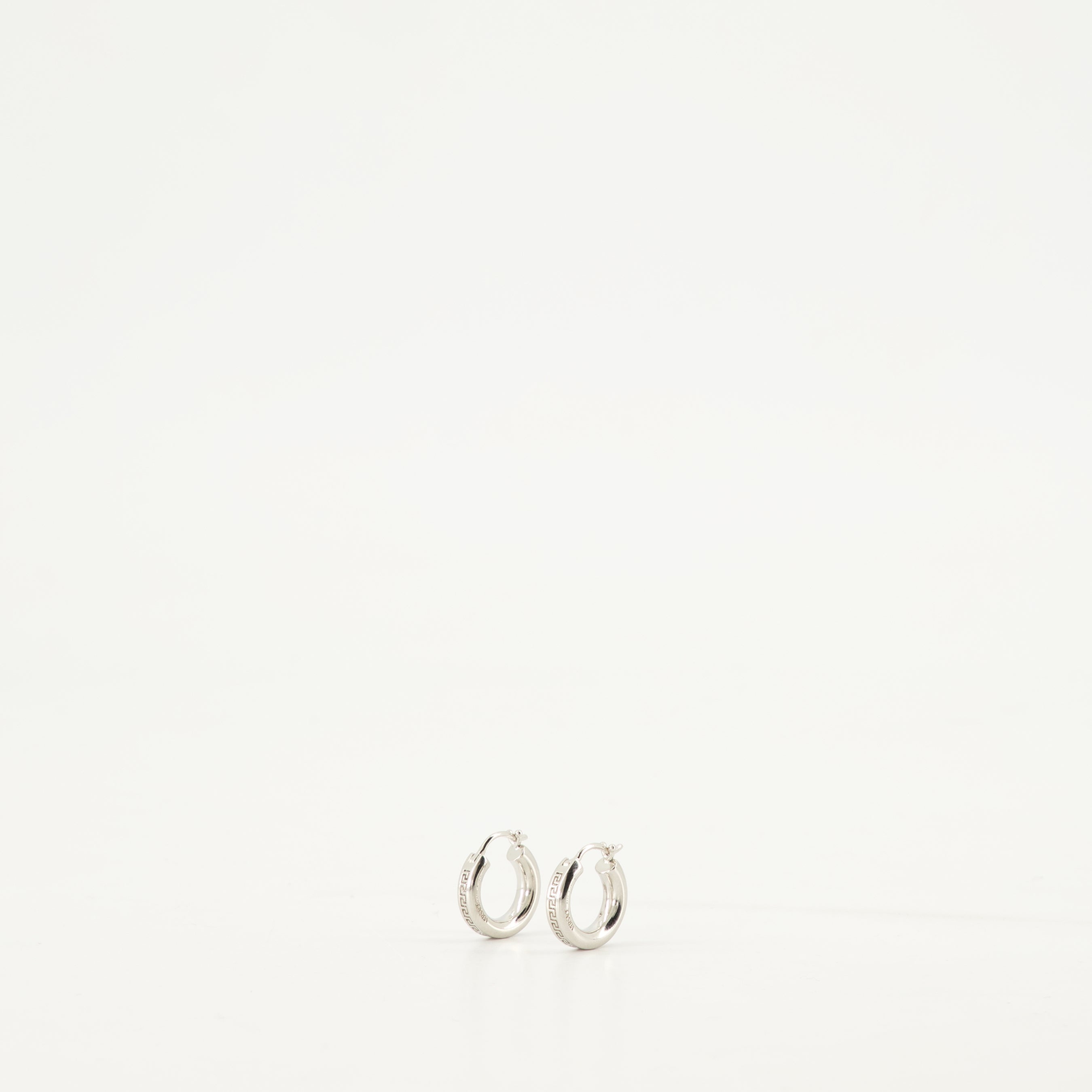 Silver Hoop Earrings, Greca Design, Engraved Logo, Hypoallergenic Jewelry, Versace Accessories