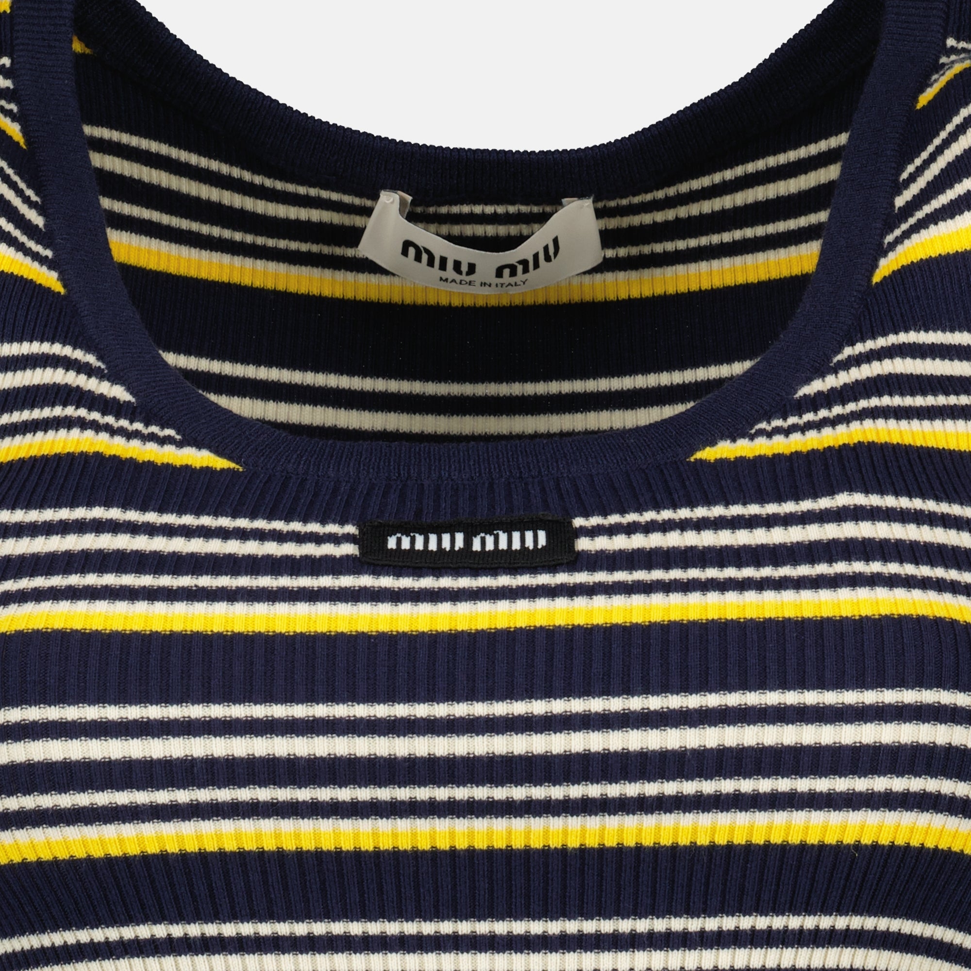 여성을 위한 미우미우의 스트라이프 탱크탑 이미지 - 2026년 봄-여름 시즌 - 세부 사항 보기 1