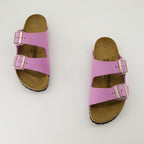 pink nubuck sandals, adjustable sandals, comfortable footbed, slip-on style, fashionable sandals