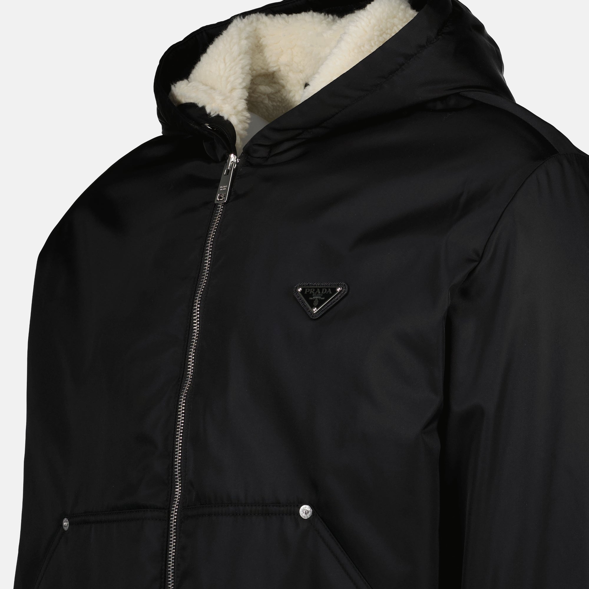 Image of Black Re-Nylon Fur-lined Jacket by Prada for Men - Season Autumn-Winter 2024 - Detail View 1
